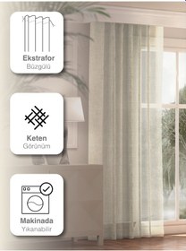 Resim Br Favolli Ekru Renk Keten Görünümlü Pileli Tül Perde Ütü Istemez Ekru 