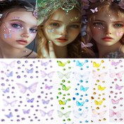 Resim Aurora Kelebek Yüz Takıları, Kendinden Yapışkanlı 3D Taşlar, Çok Renkli Parıltılı Yüz Takıları, Dikdörtgen Şekilli Parıltılı Taşlar, Sahne Performansları, Konserler, Festivaller, Düğünler, Dans Partileri, Müzik Festivalleri, Karnaval, Mardi Gras, Maskeli Balo için DIY Yüz Dekoru 