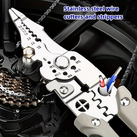 Resim 1 adet, Çok Fonksiyonlu Tel Soyma Makası, 9-in-1 Çok Amaçlı Elektrikçi Pense, Tel Kesici, Tel Soyma Aracı, Tel Presleme Aracı, Metal Kesici, Manuel Endüstriyel Pense Elektrikçiler için Presleme Pense 