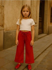 Resim Zekids Kız Çocuk Pamuklu Kırmızı İspanyol Paça Pantolon-16215 Kırmızı 