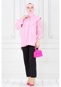 Resim Sevitli Büyük Yaka Kolu Büzgü Detaylı Tunik-pembe-3862-pembe Pembe 
