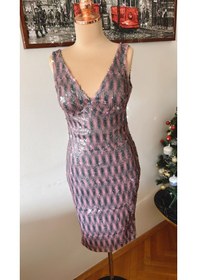 Resim Chica Rosa Fashion Renkli Pullu V Yaka Midi Elbise Pembe - Siyah 