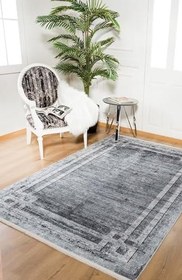 Resim 140x200 cm VelikiNovgorod Gri Çerçeveli Yün El Dokuma Modern Geometrik Etnik Eskitme Desenli Boho Oturma Odası Salon Yolluk Koridor Mutfak Halısı 