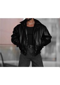 Resim Famoda Erkek Oversize Vintage Siyah Deri Ceket Siyah 