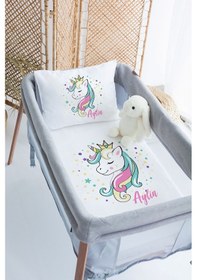 Resim Lilabio %100 Pamuk Saten İsme Özel İsimli 70x120 Park Yatak Nevresim Seti Unicorn-renkli 