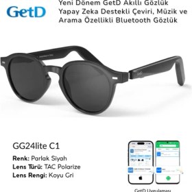 Resim GG24C1 Getd Bluetooth Kulaklıklı Akıllı Gözlük - 2'si 1 Arada Kablosuz Kulaklık + Gözlük | Müzik, Arama, AI Çeviri (Siyah veya ŞEFFAF Camsız) 