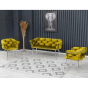 Resim Rozexi Balon Çay Seti Takımı Sarı Koltuk Takımı Oturma Odası Kafe Antre Hol Ofis 2+1+1 Krom Metal 