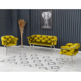 Resim Rozexi Balon Çay Seti Takımı Sarı Koltuk Takımı Oturma Odası Kafe Antre Hol Ofis 2+1+1 Krom Metal 