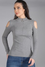 Resim Sweetness Kadın Gri Omuz Dekolteli Fermuarlı Kaşkorse Bluz 