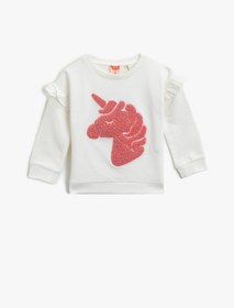 Resim Kız Bebek Unicorn İşlemeli Fırfırlı Bisiklet Yaka Pamuklu Uzun Kollu Sweatshirt 