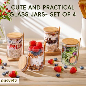 Resim 4 adet Bambu Kapaklı ve Kaşık ile Cam Kavanozlar - Tekrar Kullanılabilir Gece Yulafı, Çia Pudingi, Yoğurt, Granola, Kahve Saklama Kapları - Yüksek Kaliteli, Hava Geçirmez Mason Kavanozlar - Yemek Hazırlığı ve Mutfak Düzenleme için | Doğal Tarz Kavanoz | Tekrar Kullanılabilir Kap 