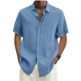 Resim Gömlek Erkek Gömleği Pamuk Ve Keten V Yaka Erkek Moda Yaz Düğmeli Gömlek Açık Mavi 