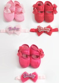 Resim LOGO AKSESUAR 0-3 Ay Yeni Doğan Simli Dantel Kırmızı, Fuşya, Pembe Bebek Bandana Patik Seti 3'lü 