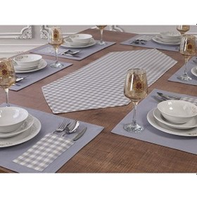 Resim Amerikan Servis Supla Ve Runner Seti 12 Kişilik Set Gri Ekose Des Gri 