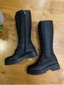 Resim Agora Shoes Siyah Düz Topuklu Bağcıklı+fermuarlı Kadın Çizme Czb0002 