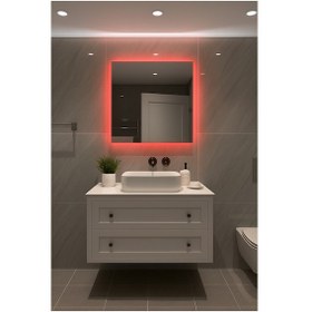Resim Digital Hayat Kırmızı Led Işıklı Kare Ayna Dekoratif Banyo Makyaj Aynası Kırmızı 