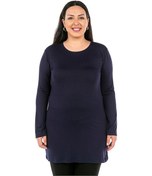 Resim Büyük Beden Yuvarlak Yaka Uzun Kollu Viskon Uzun Lacivert Body 