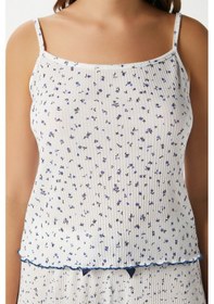 Resim Ritnice Kadın June Askılı Mavi Minik Çiçekli Alt Üst Pijama Takımı Ekru - Mavi 