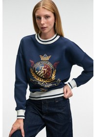 Resim Grimelange VALLUNE Kadın Kontrast Triko Etek Ucu Manşet Ve Yakalı Nakış Crop Lacivert Sweatshirt 