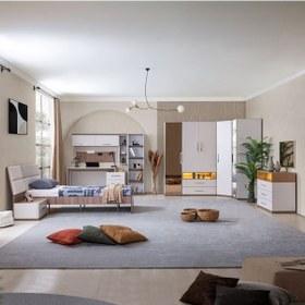 Resim Milano Genç Odası -5 Kapaklı Aynalı Dolap, Karyola, Komodin, Çalışma Masası, Şifonyer, Kitaplık Beyaz 