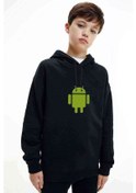 Resim Android Logo Baskılı Unisex Çocuk Kapüşonlu Siyah Sweatshirt 