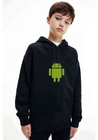 Resim Android Logo Baskılı Unisex Çocuk Kapüşonlu Siyah Sweatshirt 