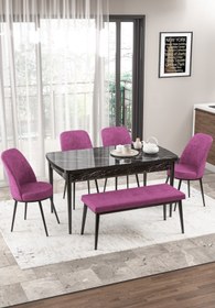 Resim Canisa Concept Via Serisi Açılabilir Mutfak Masası Takımı Siyah Mermer Desen Masa 4 Mor Sandalye 1 Bench 