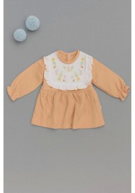 Resim Çiçek Desenli Fırfırlı Bebek Elbisesi Bej 