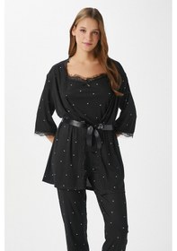 Resim Ritnice Kadın Betty Siyah Puantiyeli 3'lü Paket Sabahlıklı İp Askılı Dantelli Fitilli Örme Pijama Takımı Beyaz - Siyah 