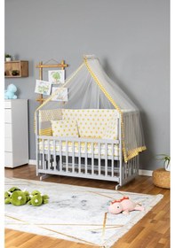 Resim Ahşap Beşik Anne Yanı Beşik Gri 60x120 - Sarı Yıldız 1 Yastıklı Uyku Seti + Yataklı Gri 