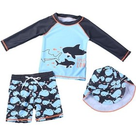 Resim Petityu Upf50+ Güneş Korumalı Laci Uzun Kollu Köpekbalığı Desenli 3'lü Mayo Set Şapka T-shirt Şort Lacivert - Mavi 