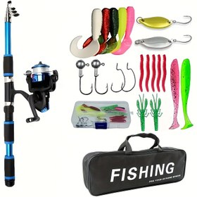 Resim Taşınabilir Teleskopik Çubuk, Dönen Makara, Yem saç tokası, Seyahat Çantası ve T-Handle Yemler ile Tam Oda ve Makara Kombinasyonu - Hafif Fiberglas, Balıkçılar için İdeal, Taşınabilir Tackle Kutusu Dahil, Balıkçılık Aksesuarı 