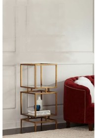 Resim Olope Pirinç Eskitme Metal 2 Raflı Kitaplık Çiçeklik Gümüşlük Duvar Rafı 