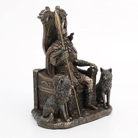 Resim Veronese Design Kurtlarla Tahtta Oturan 8 5/8 İnç Odin Reçine Heykel Bronz Kaplama Viking Dekor Heykeli 