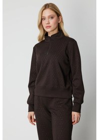 Resim On Kadın Yakası Fermuarlı Taşlı Eşofman Üstü 66364 Kahverengi Kahverengi 