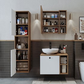 Resim Lavabolu Banyo Dolabı 3lü Set - Lotus - 95 CM / Atlas Çam-Antrasit 