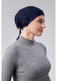 Resim Sonbaharmoda Kadın Tesettür Likralı Penye Dikişsiz Kaymaz Düz Bağlamalı Bone Lacivert 