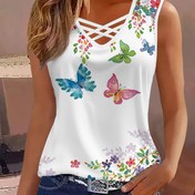 Resim Çapraz Askılı ve Canlı 3D Kelebek Desenli Baskı Atlet - Kolsuz Çiçek Tasarımı, Hafif Polyester Karışım, Yazlık Günlük Giyim İçin İdeal, Şık Dış Mekan Kıyafeti | Esnek Kumaş 