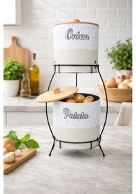 Resim Bambu Kapaklı Metal Patates Soğanlık Krem Taş Desenli Standlı Krem 