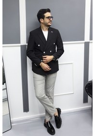 Resim Avni Ceylan Verde Dokulu Gofre Kumaş İtalyan Stil Slim Fit Kruvaze Erkek Ceket Siyah 