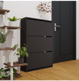 Resim Düşer Kapak Ayakkabılık Kayar Raflı Ayakkabılık 3 Bölmeli Antrasit 