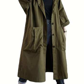 Plus Beden, 2025 İlkbahar Koleksiyonu Kadınlar İçin Klasik Renk Bloklu Dik Yaka Bol Kesim Trenç Koat Orta Boy Dış Giyim