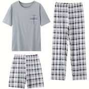 Resim 3 adet Erkek Yaz Hafif Pijama Seti - Kısa Kollu & Şort 3 adet Set, Rahat Ekose Tasarım ile Sahte Cep, Ev & Lounge Giyim için Nefes Alabilen Kumaş, Rahat Giyim | Ekose Desenli Pijamalar | Parlak Dokulu 