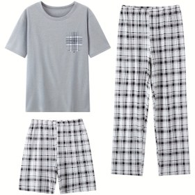 Resim 3 adet Erkek Yaz Hafif Pijama Seti - Kısa Kollu & Şort 3 adet Set, Rahat Ekose Tasarım ile Sahte Cep, Ev & Lounge Giyim için Nefes Alabilen Kumaş, Rahat Giyim | Ekose Desenli Pijamalar | Parlak Dokulu 