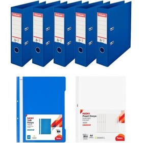 Resim Geniş Mekanizmalı Mavi Klasör Seti 5 Adet Klasör + 50li Telli Dosya + 100lü Poşet Dosya Mavi 