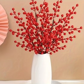 Resim 12 Başlı Yapay Kırmızı Meyve Çelengi - Yeşil Yapraklar ve Parlak Meyveler - Gerçekçi Plastik Çobanpüskülü Dalları / Dış Mekan Noel Ağacı, Çelenk, Merdiven ve Şömine Dekoru - 12 Bölmeli Sahte Meyve Sapları (Bakım Gerektirmez) 