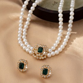 Resim Lüks Avrupa ve Amerikan Tarzı Çift Sıralı Taklit İnci Kolye ve Küpeler Seti ile Rhinestone Vurgular - Gündelik Giyim, Tatil veya Özel Davetler için Şık ve Raffine, Tatil Takıları | Şık Takılar | Akrilik İnci Takıları, Kadınlar için Takılar 