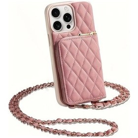 Resim Topnotch Pembe Galaxy Uyumlu S24 Ultra Kare Desenli Zincirli Suni Deri Çapraz Body Çanta 