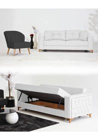 Resim Nola Koltuk Takımı 3+1 & Bazalı Yataklı Koltuk & Kanepe - Keten Antrasit-beyaz 