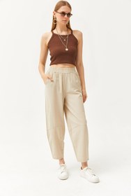 Resim Olalook Kadın Taş Beli Lastikli Cepli Şalvar Kesim Gabardin Pantolon PNT-19000267 